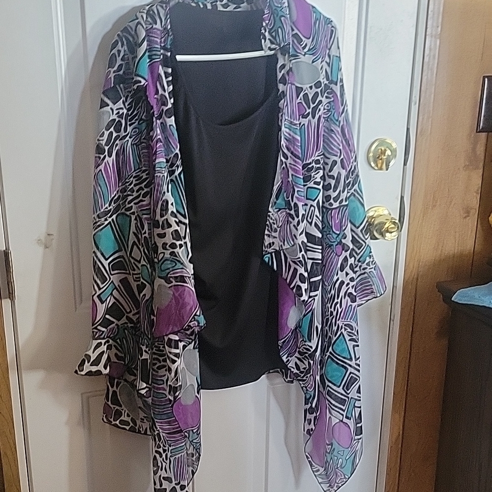 Essentials Plus Size Tank Top with Sheer Patterned Jacket Combo - Picture 1 of 4
